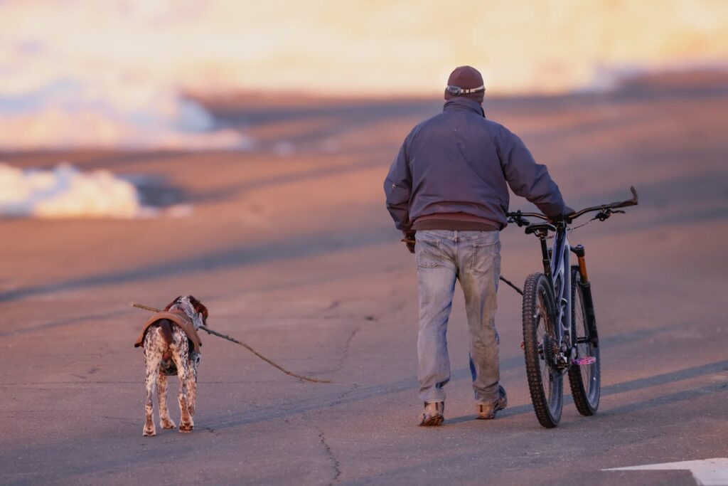 man-mit-fahrrad-spaziert-mit-hund-am-strand