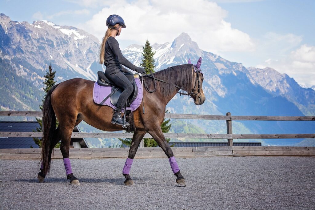 blondes-maedchen-reitet-braunes-pferd-in-berglandschaft