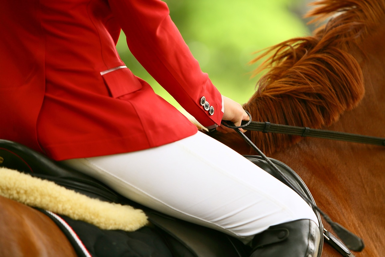 rot-angezogene-frau-reitet-pferd